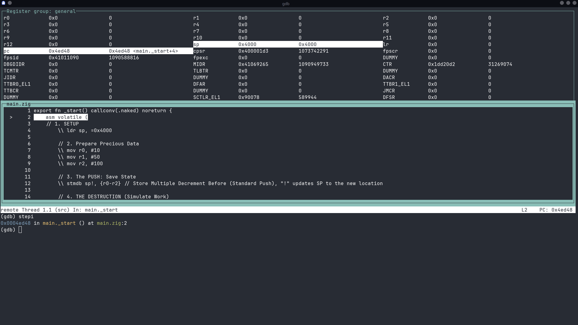 Initial GDB Register Layout