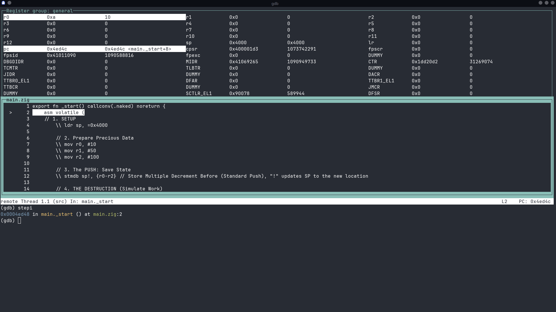 Registers after mov r0, #10